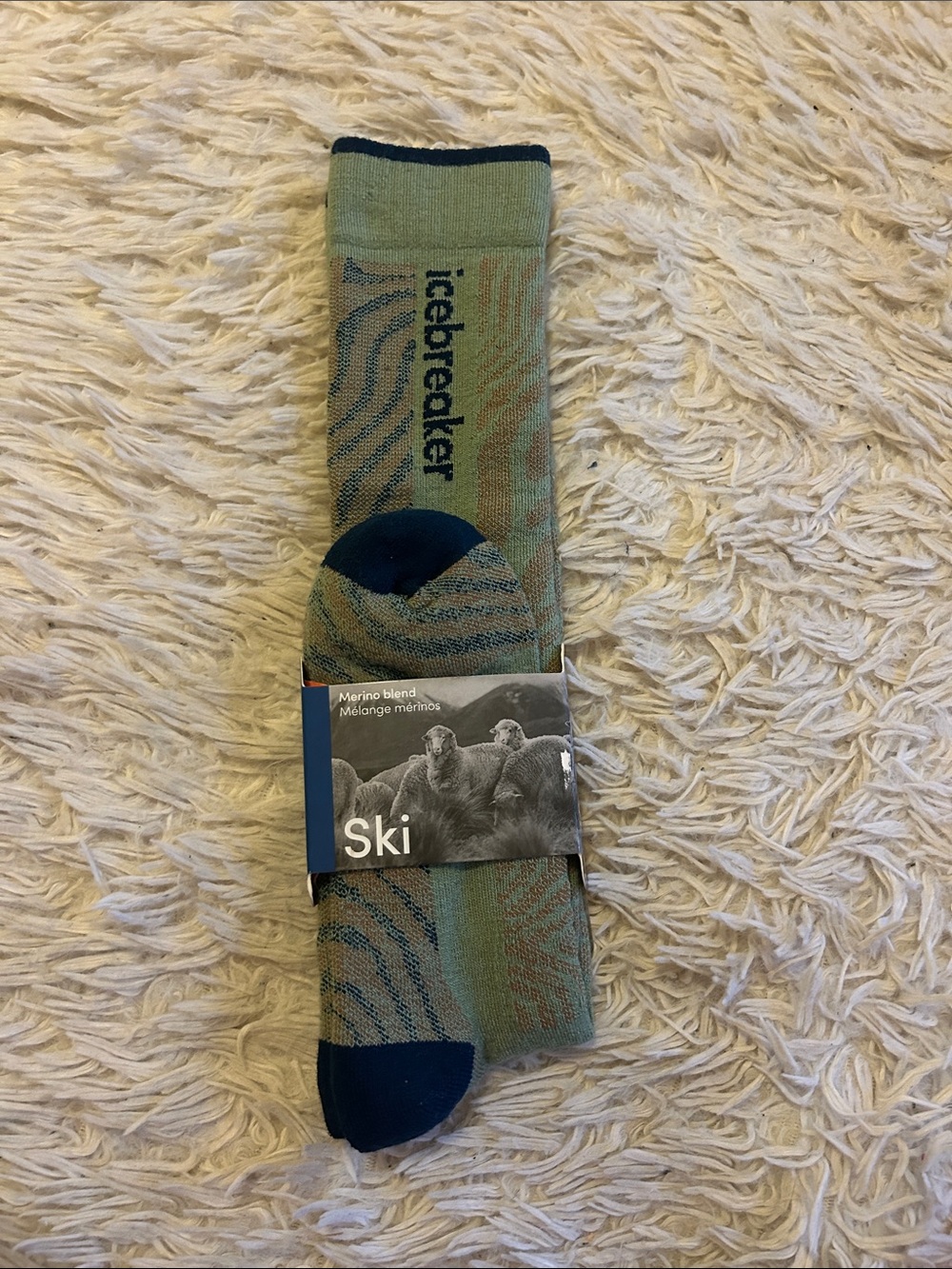Icebreaker Men's Ski Socks in Sage Green with Navy Accents, merino blend, large